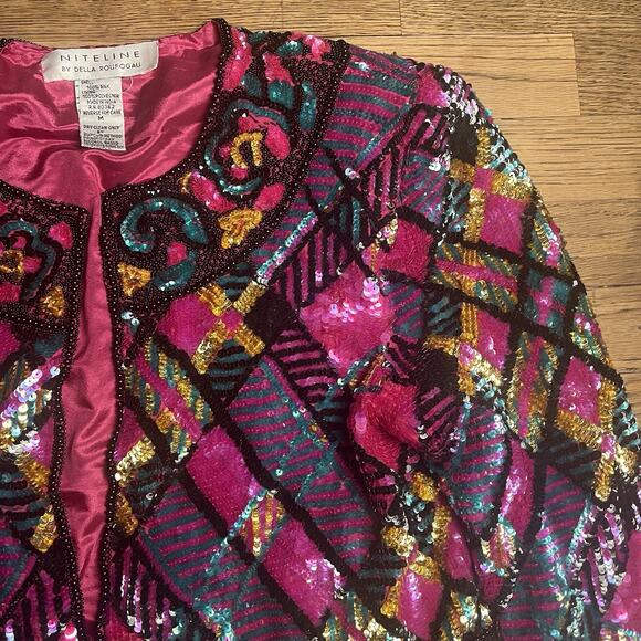 Vintage Niteline Sequin Blazer Silk Jacket Pink Party Evening 90s Womens Medium - Picture 8 of 16